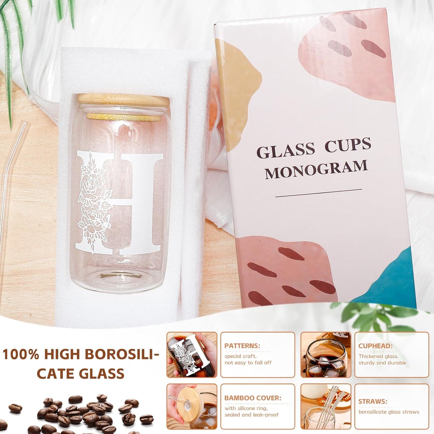 Glass Cups with Lids and Straws: Personalized Initial Glass Cup Be Used As Reusable Iced Coffee Cups with Lids,Cute Matcha Tumbler - The Christmas/Birthday Gifts for Women - M Smoothie Cup