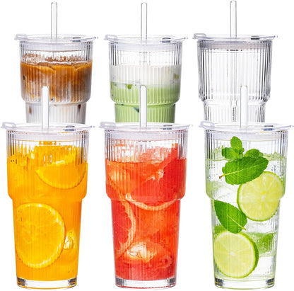 Glass Cups with Lids and Straws 4 Pack, 20oz Ribbed Glass Cups, Leak Resistant Iced Coffee Tumblers, Thick Reusable Drinking Glasses, Fits Car Cup Holder, Clear Coffee Bar Accessories