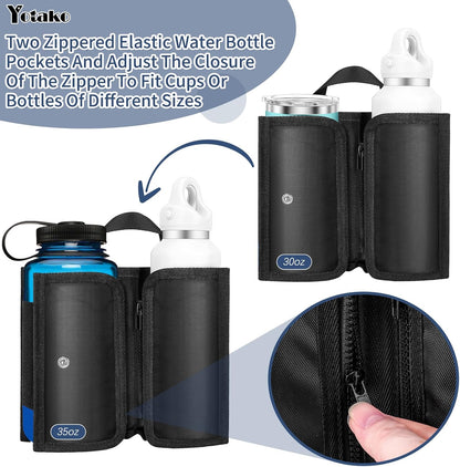 Yotako Suitcase Cup Holder, Portable Luggage Cup Holder for Suitcases, Foldable Travel Cup Holder with Handle and Hold Two Coffee Mugs&3 Zippered Pockets for Beverages Airport Travel Accessories
