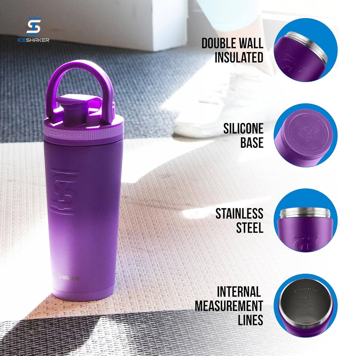 Ice Shaker Insulated Stainless Steel Shaker Bottle | 26oz, Black | Cold for 30+ Hours | Insulated Cup with Twist-on Agitator | Odor-Free Bottle for Protein Shakes, Water, Smoothies, Cocktails