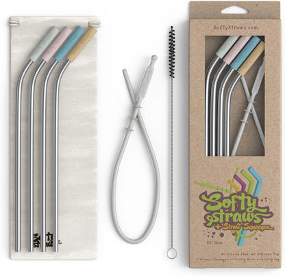 Softy Straws Premium Reusable Stainless Steel Drinking Straws With Silicone Tips + Patented Straw Cleaners and Carrying Case - 9” Long Metal With Curved Bend for 20/30/32oz Tumblers