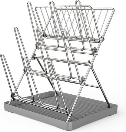 Vertical Baby Bottle Drying Rack, 9 Hooks Vertical Rack Dryer with Drainage Tray for Water Bottles, Drinking Glasses, Mugs, Cups, Foldable, Stainless Steel