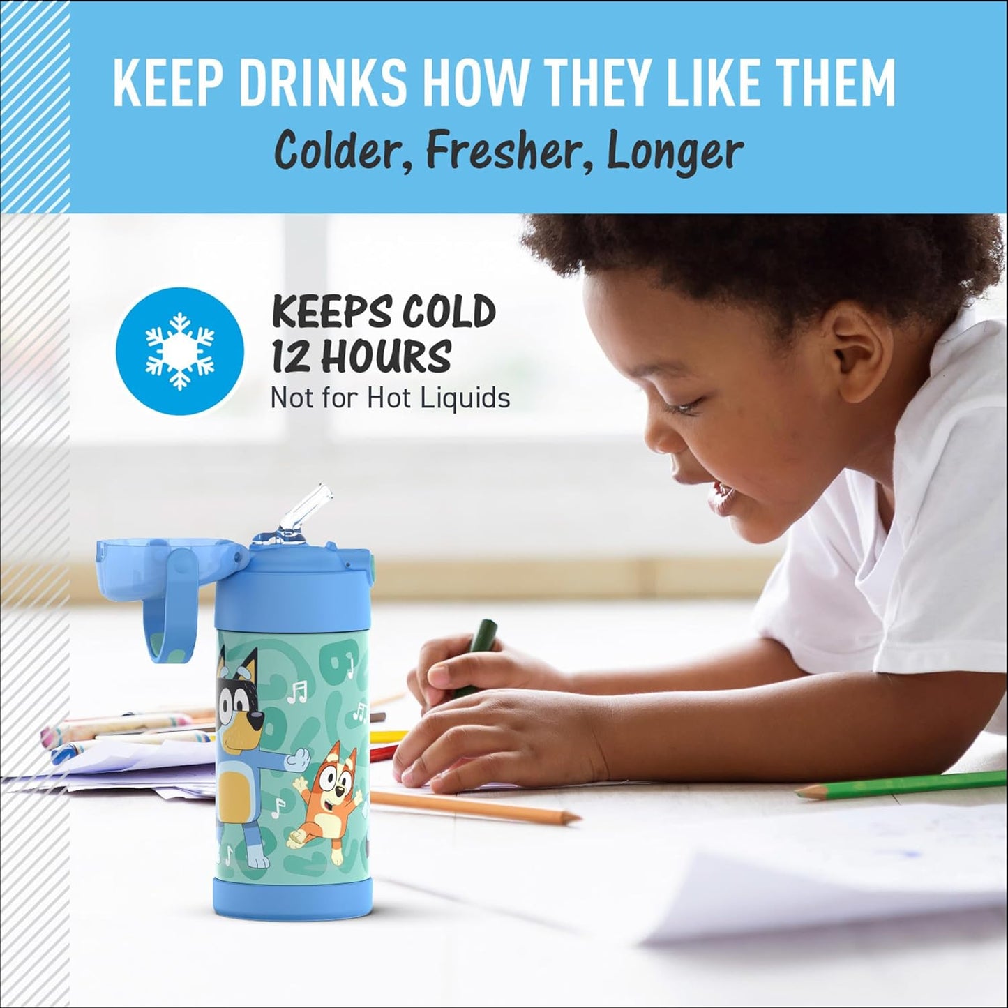 THERMOS FUNTAINER Water Bottle with Straw - 12 Ounce - Kids Stainless Steel Vacuum Insulated Water Bottle with Lid, Bluey - Colors B