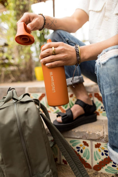 LifeStraw Go Series — Insulated Stainless Steel Water Filter Bottle for Travel and Everyday Use Removes Bacteria, Parasites and Microplastics, Improves Taste, 1L Aegan Sea