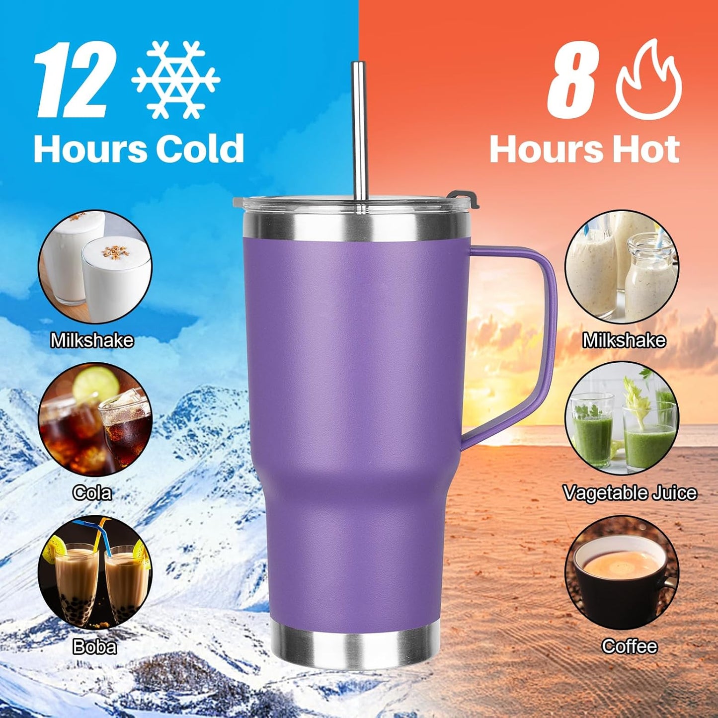 20 oz Tumbler with Handle, Stainless Steel Insulated Tumbler with Lid and Straw, Double Wall Vacuum Coffee Mug Tumbler, Insulated Coffee Thermal Cup for Cold and Hot (Light Purple)