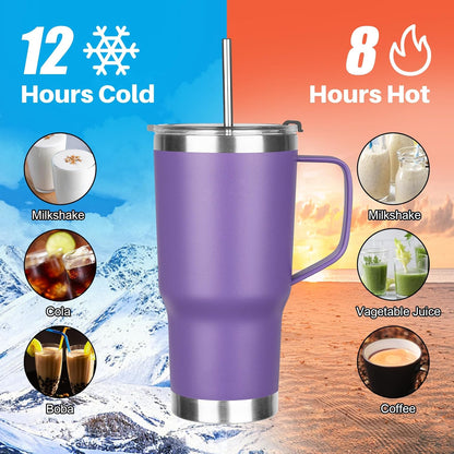 20 oz Tumbler with Handle, Stainless Steel Insulated Tumbler with Lid and Straw, Double Wall Vacuum Coffee Mug Tumbler, Insulated Coffee Thermal Cup for Cold and Hot (Light Purple)