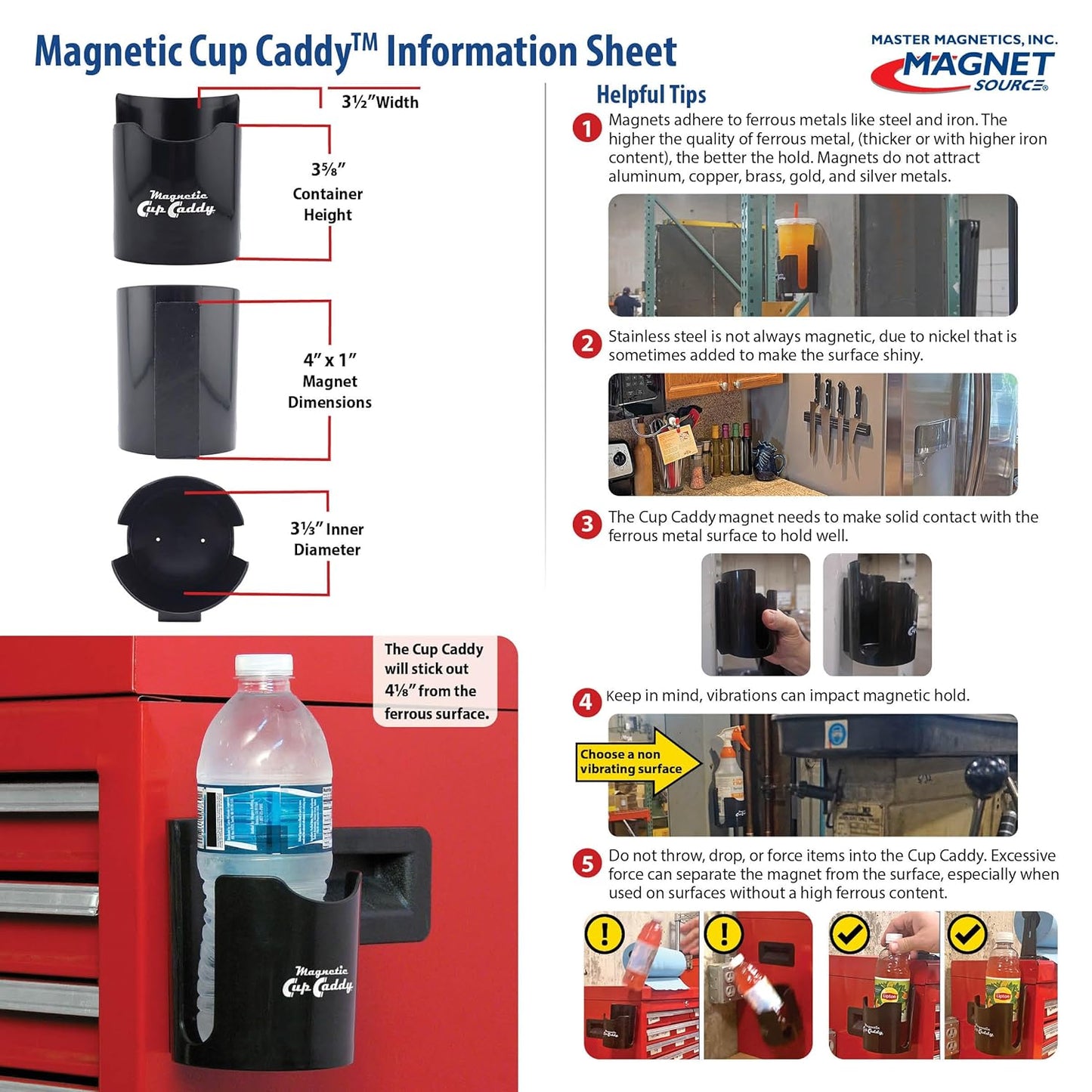 Master Magnetics Magnetic Cup Holder - Caddy for Bottles, Glasses, and Cans - Fits on Fridge, Lawnmower, Forklift, Cart, or Ladder - Heavy-Duty Magnet