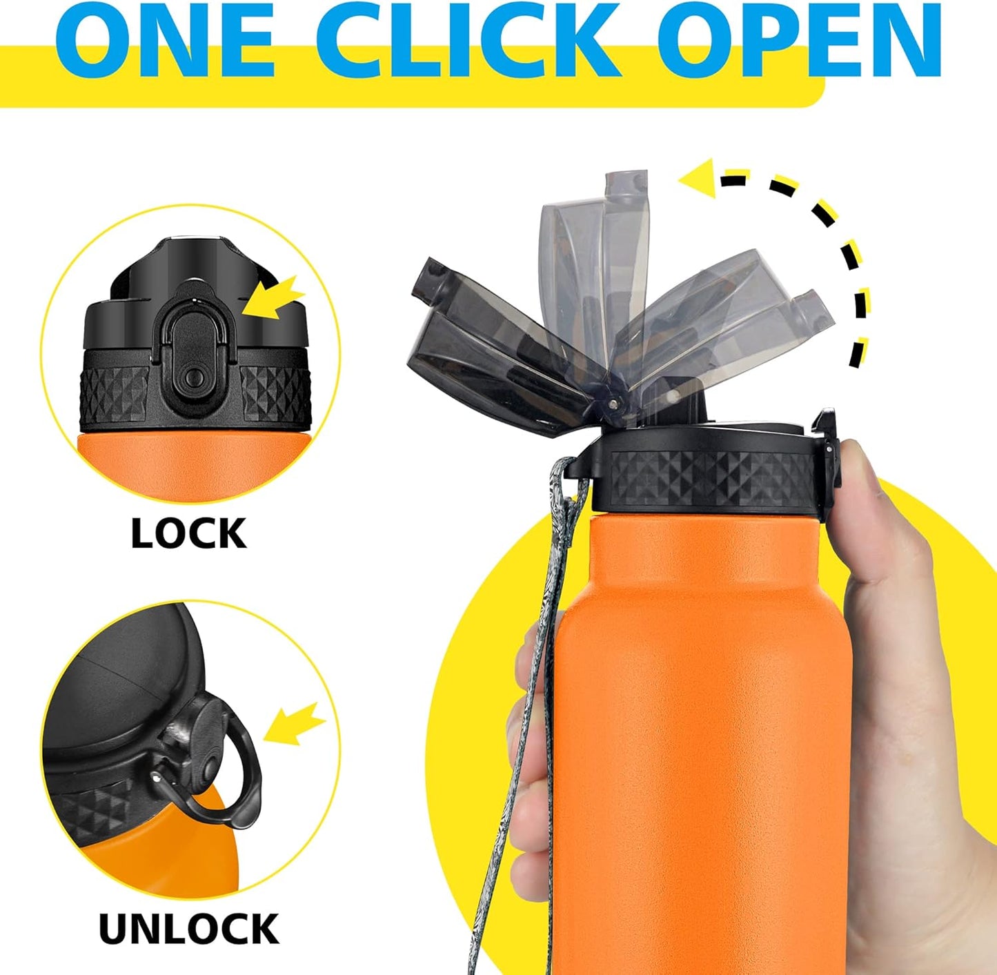 Han's Bottle Sports Water Bottle - 24 Oz, Straw Lid, Leak Proof, Vacuum Insulated Stainless Steel, Double Walled, Thermo Mug,Black