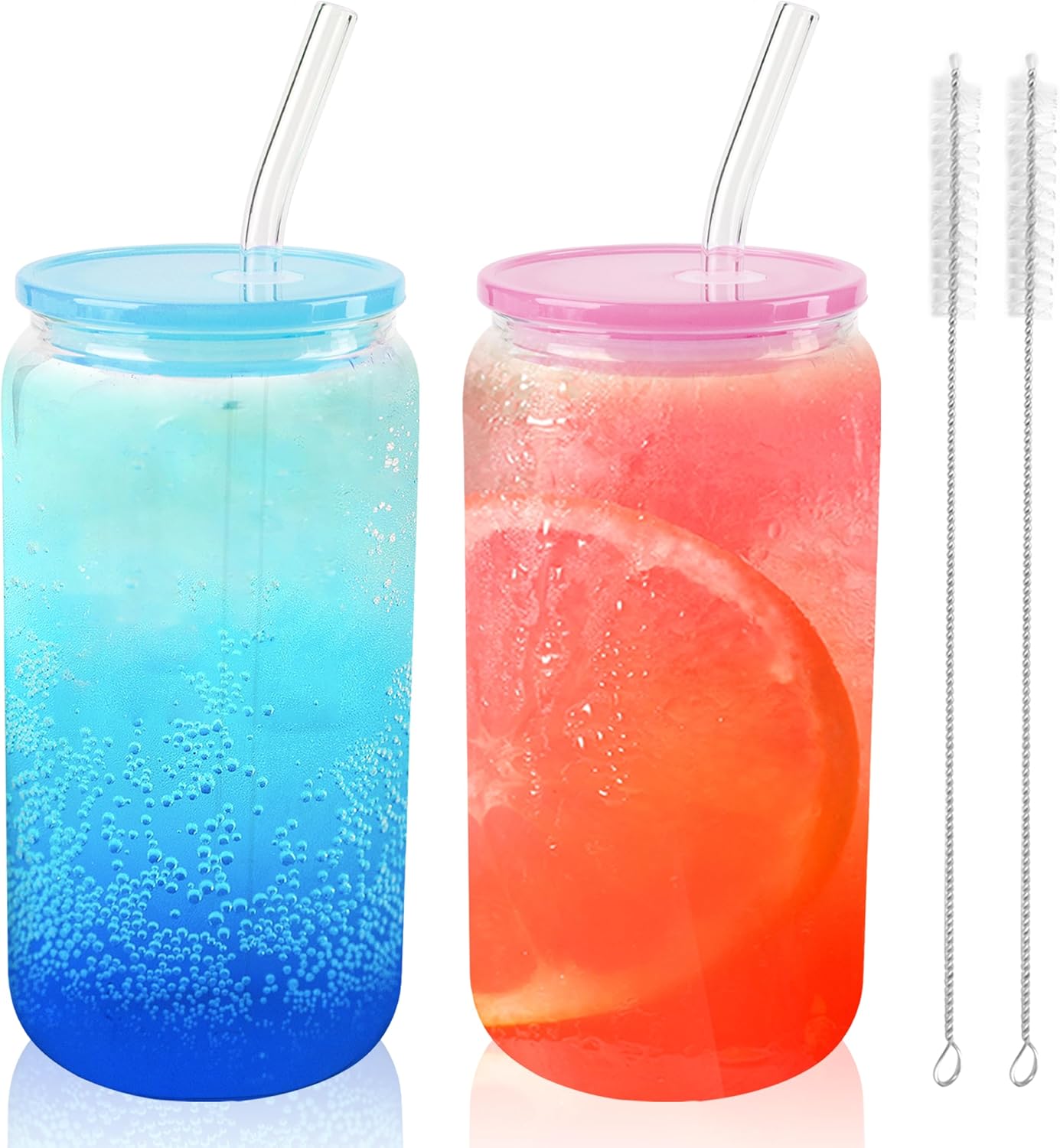 Joyclub 8pcs 16 oz Glass Cups with Acrylic Lids and Straws Can Shaped Iced Coffee Glasses Cute Tumbler Set Drinking Jars for Smoothie Soda Boba Beer Party Housewarming Gifts