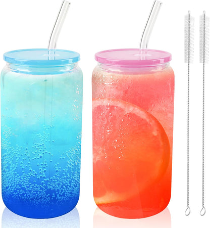 Joyclub 8pcs 16 oz Glass Cups with Acrylic Lids and Straws Can Shaped Iced Coffee Glasses Cute Tumbler Set Drinking Jars for Smoothie Soda Boba Beer Party Housewarming Gifts
