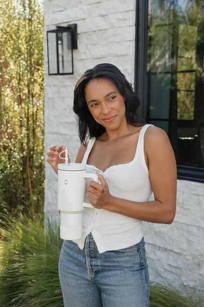 Infusion Pro 40 oz Tumbler with Handle, Fruit Infuser & Straw Lid : 50 Recipe Fruit Infusion eBook : Bottom Boot : Fits Cupholder : Stainless Steel Insulated Travel Mug : Essence (BLUE SURF)
