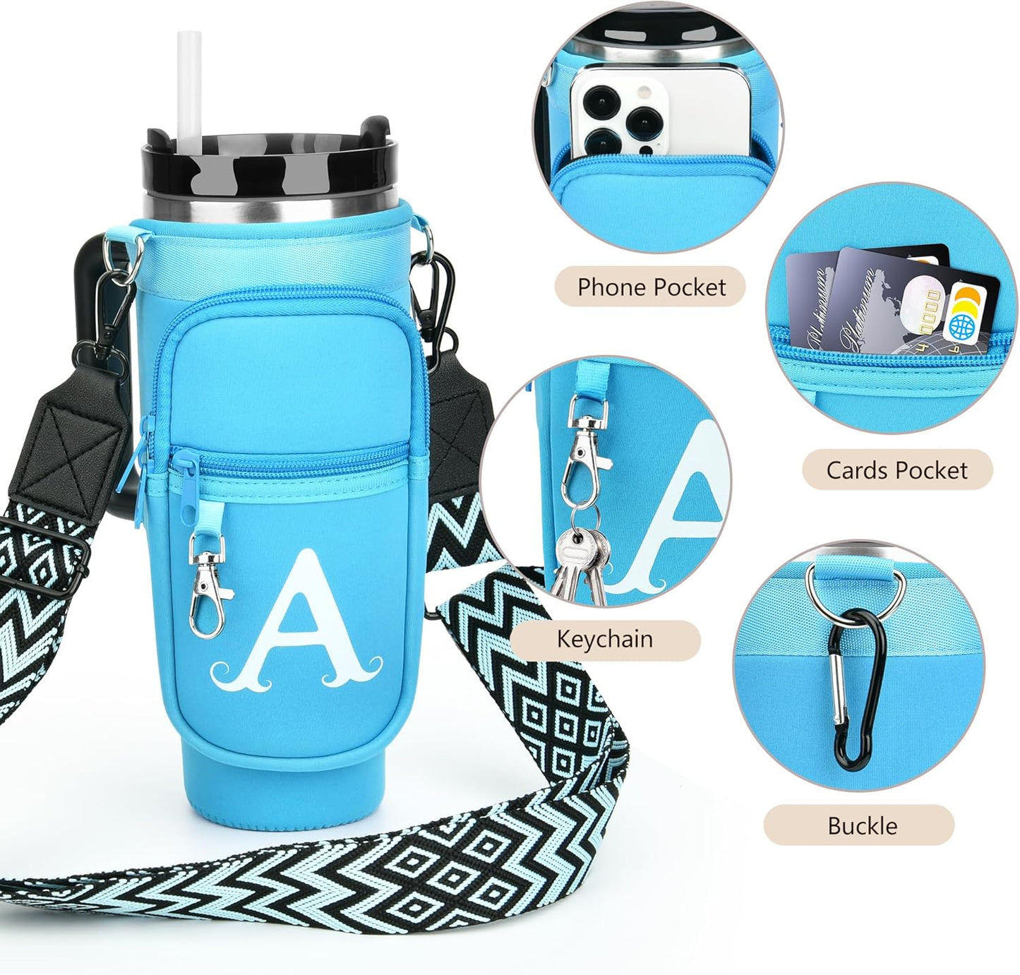 LOKASS Personalized Water Bottle Holder with Strap for Stanley Cup Accessories 40 oz, Initial for Stanley Cup Holder Carrier Bag with Phone Pocket, Stylish Tumbler Accessories for Daily Use Hands-Free