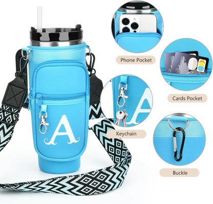 LOKASS Personalized Water Bottle Holder with Strap for Stanley Cup Accessories 40 oz, Initial for Stanley Cup Holder Carrier Bag with Phone Pocket, Stylish Tumbler Accessories for Daily Use Hands-Free