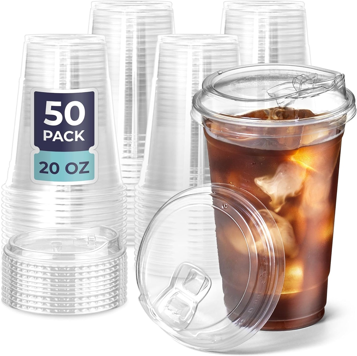 Fit Meal Prep 50 Pack 32 oz Clear Plastic Cups with Strawless Sip Lids, Disposable Plastic Coffee Cups with Lids, To Go Cups for Iced Coffee, Smoothies, Soda, Party Drinks, Bubble Tea, Cold Beverage