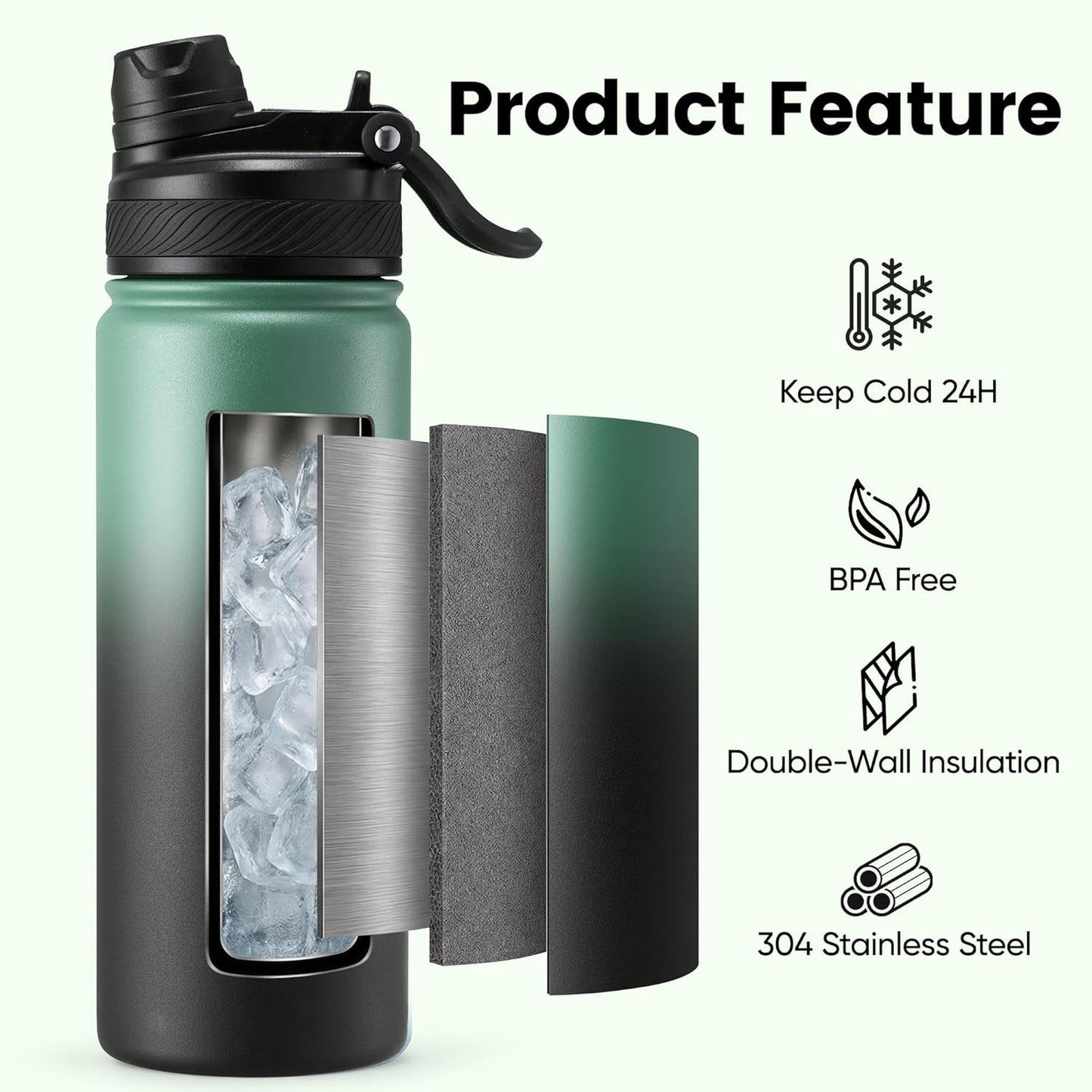 Fijinhom 18 oz Insulated Water Bottle, 2-in-1 Straw and Spout Lid Stainless Steel Thermos, Leak-Proof, Double Wall Vacuum Flask, Keep Cold 24H for Outdoor, Sports, Travel, School (Black)