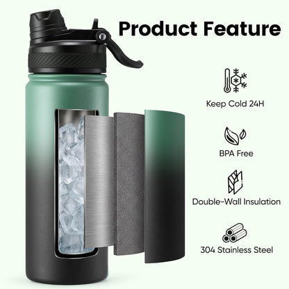 Fijinhom 18 oz Insulated Water Bottle, 2-in-1 Straw and Spout Lid Stainless Steel Thermos, Leak-Proof, Double Wall Vacuum Flask, Keep Cold 24H for Outdoor, Sports, Travel, School (Black)