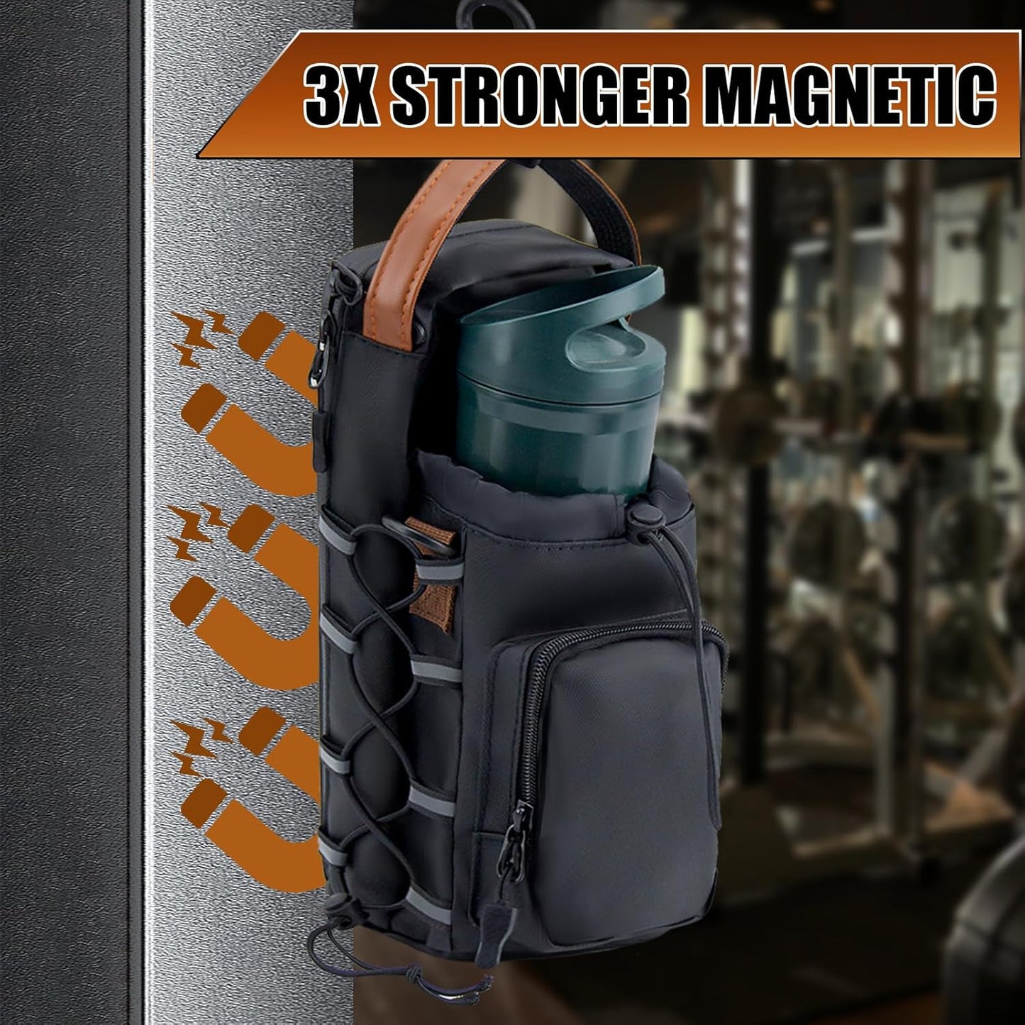 Magnetic Gym Bag for Men and Women, Water Bottle Holder, Gym Pouch with Shoulder Strap for Travel, Sports, Work, Fitness (Strap)