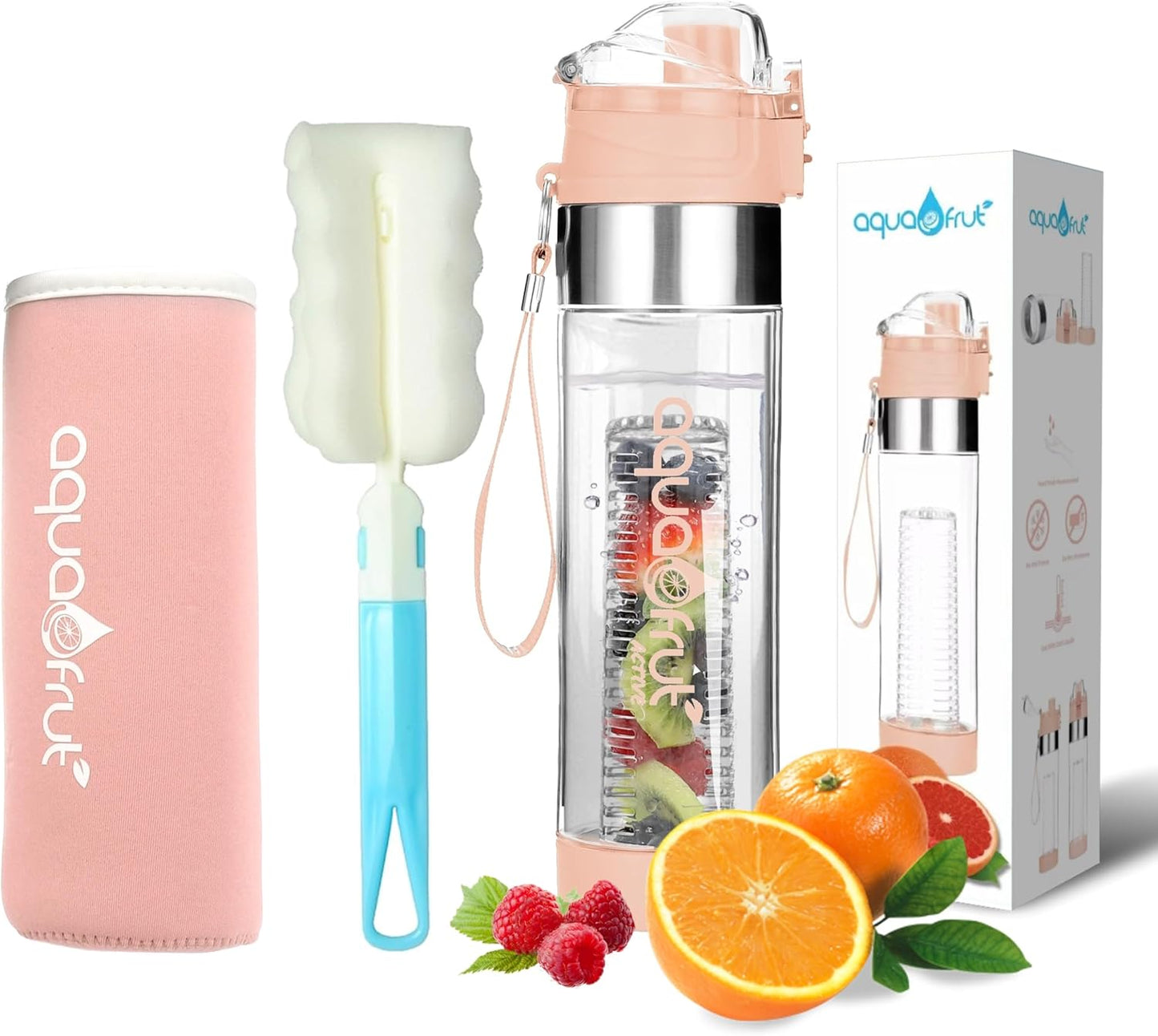 NEW Improved AquaFrut Bottom Loading Fruit Infuser Water Bottle Complete Bundle Includes Bottle Brush, Insulating Sleeve & Infusion Recipe eBook. Leak Proof Sweat Proof BPA-Free (Purple)