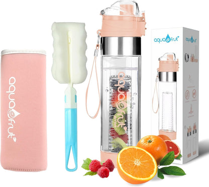 NEW Improved AquaFrut Bottom Loading Fruit Infuser Water Bottle Complete Bundle Includes Bottle Brush, Insulating Sleeve & Infusion Recipe eBook. Leak Proof Sweat Proof BPA-Free (Purple)