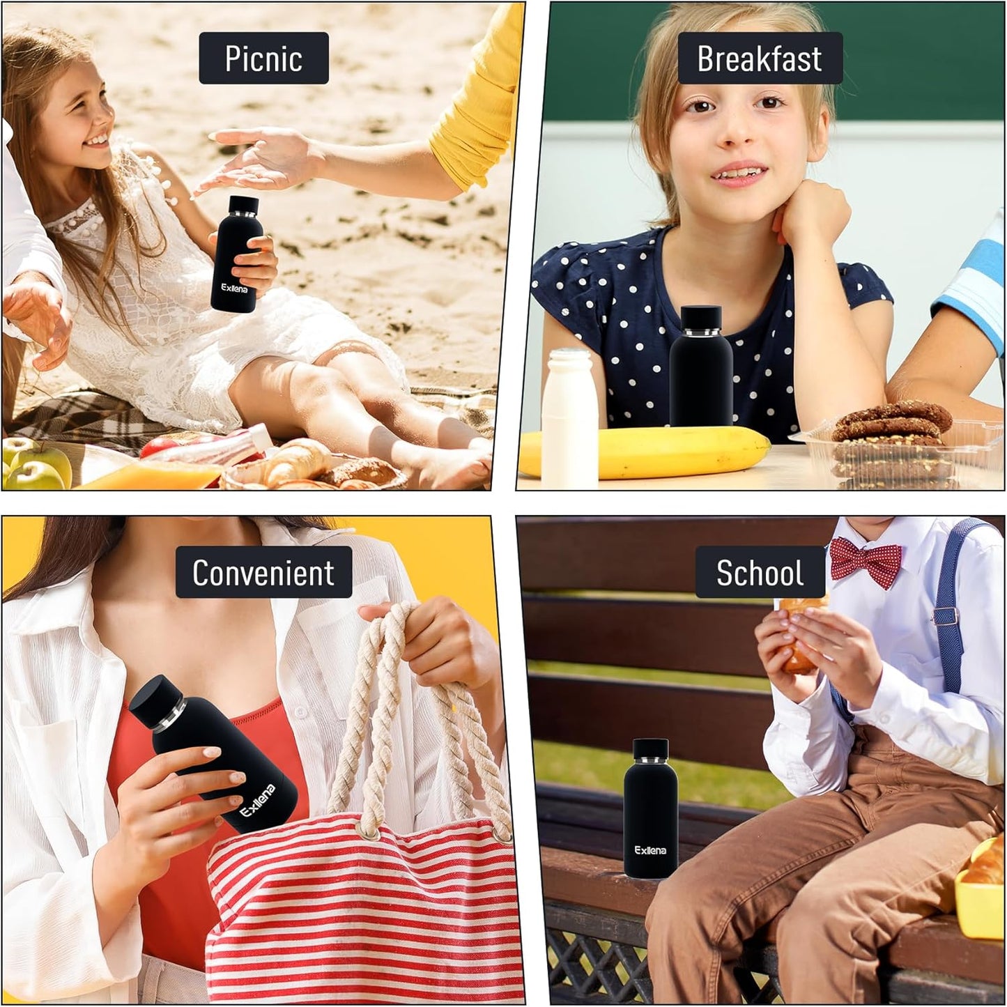 Exllena Slim Insulated Water Bottles for Travel 18oz with Clip, Double Wall Vacuum Stainless Steel Water Bottle Keeps Drinks Cold 24 Hrs/Hot 12 Hrs, 100% Leakproof, BPA Free(Black)