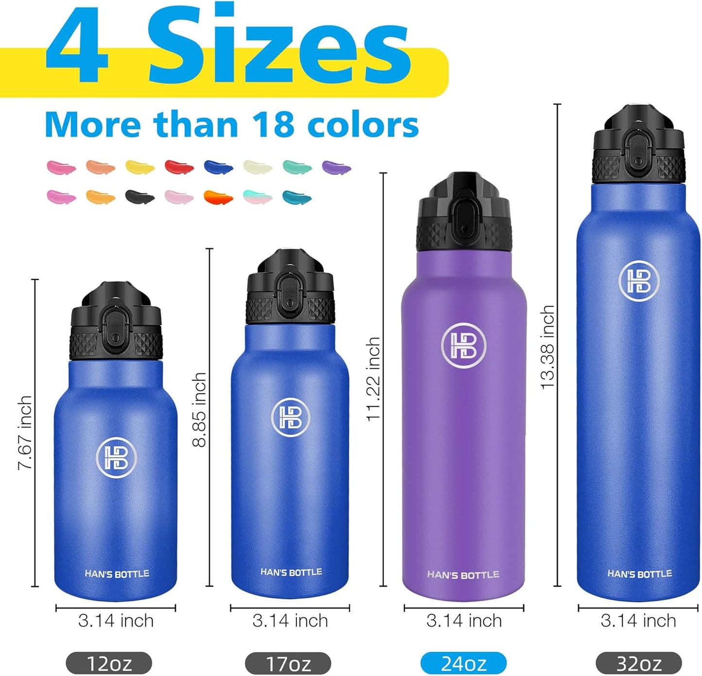 Han's Bottle Sports Water Bottle - 24 Oz, Straw Lid, Leak Proof, Vacuum Insulated Stainless Steel, Double Walled, Thermo Mug,Black