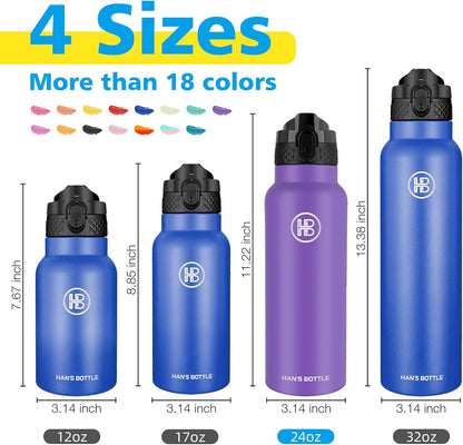 Han's Bottle Sports Water Bottle - 24 Oz, Straw Lid, Leak Proof, Vacuum Insulated Stainless Steel, Double Walled, Thermo Mug,Black