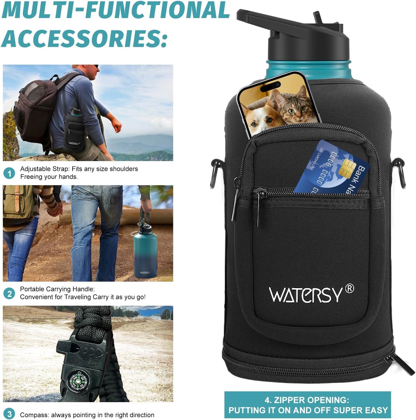 40oz Insulated Water Bottle (Cold for 48 Hrs),BPA Free&Leak Proof,Stainless Steel Water Flask,Water Jug with Straw Spout Lids for Gym,Hiking,Travel,Black Blue