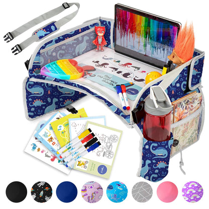 PILLANI Kids Travel Tray for Car - Car Seat Tray with Activity Sheets & Pens, Road Trip Essentials for Car & Airplane, Must Have Toddler Travel Lap Desk Accessories - Road Trip Activities for Kids
