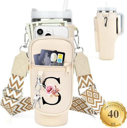 LOKASS Personalized Water Bottle Holder with Strap for Stanley Cup Accessories 40 oz, Initial for Stanley Cup Holder Carrier Bag with Phone Pocket, Stylish Tumbler Accessories for Daily Use Hands-Free