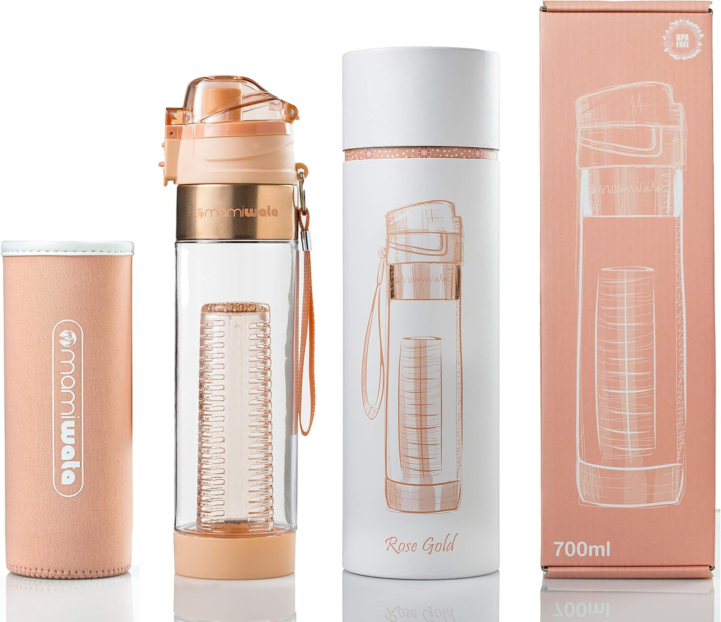 MAMI WATA Fruit Infuser Water Bottle – 24 oz – Tritan Plastic - Unique Stylish Design – Fruit Infused Water recipes eBook & Insulating sleeve – Beautiful Gift Box