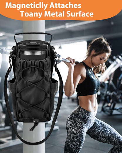 Magnetic Gym Bag for Men Women-Water Bottle Carrier Holder with Strap & Phone Pockets for 40oz Tumbler with Handle, 4 Built-in Magnets Small Gym Bag for Sports, Concert Airline Travel Walking