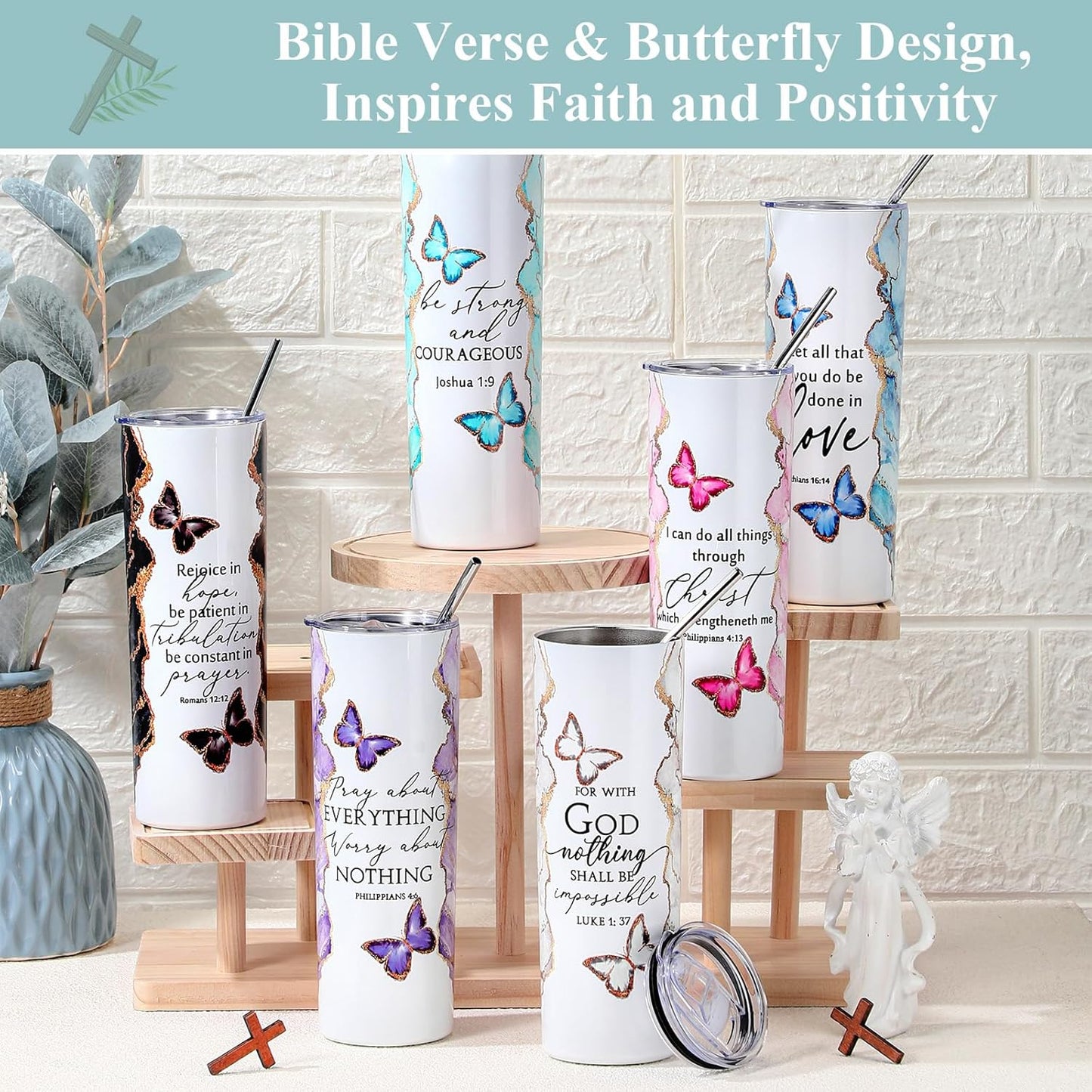 Geiserailie 6 Sets Christian Tumblers for Women 20 oz Marble Stainless Steel Cups with Lid Straw and Brush Inspirational Bible Verse Faith Gifts for Graduation End of Year Friends Coworkers Church