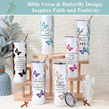 Geiserailie 6 Sets Christian Tumblers for Women 20 oz Marble Stainless Steel Cups with Lid Straw and Brush Inspirational Bible Verse Faith Gifts for Graduation End of Year Friends Coworkers Church