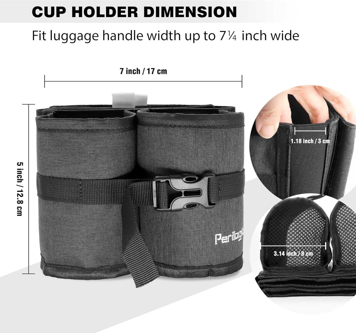 Perilogics Luggage Travel Cup Holder Hands Free Drink Caddy for Suitcase Handle. Perfect Airplane Travel Essential Accessory Gift for Frequent Traveler, Flight Attendant or with Children (Dark Gray)