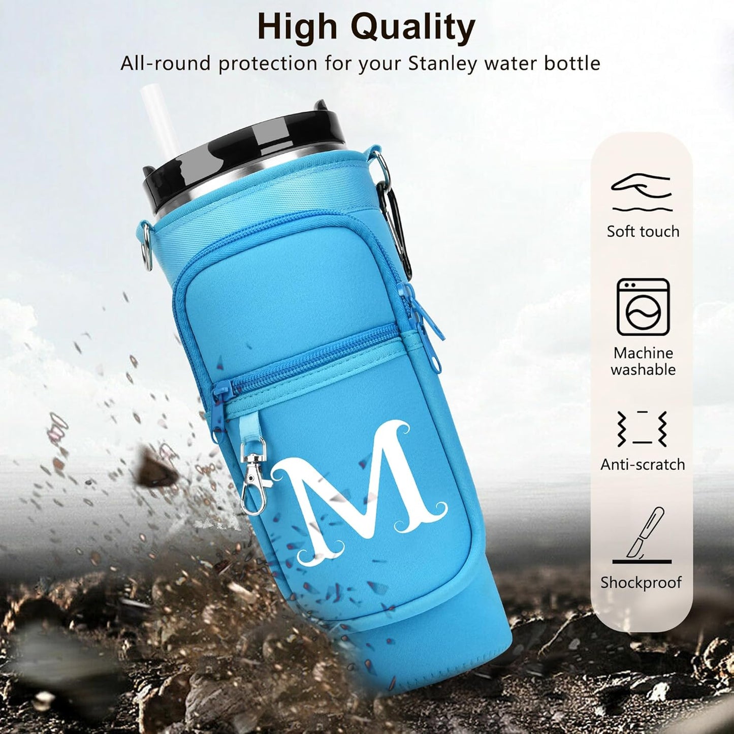 LOKASS Personalized Water Bottle Holder with Strap for Stanley Cup Accessories 40 oz, Initial for Stanley Cup Holder Carrier Bag with Phone Pocket, Stylish Tumbler Accessories for Daily Use Hands-Free