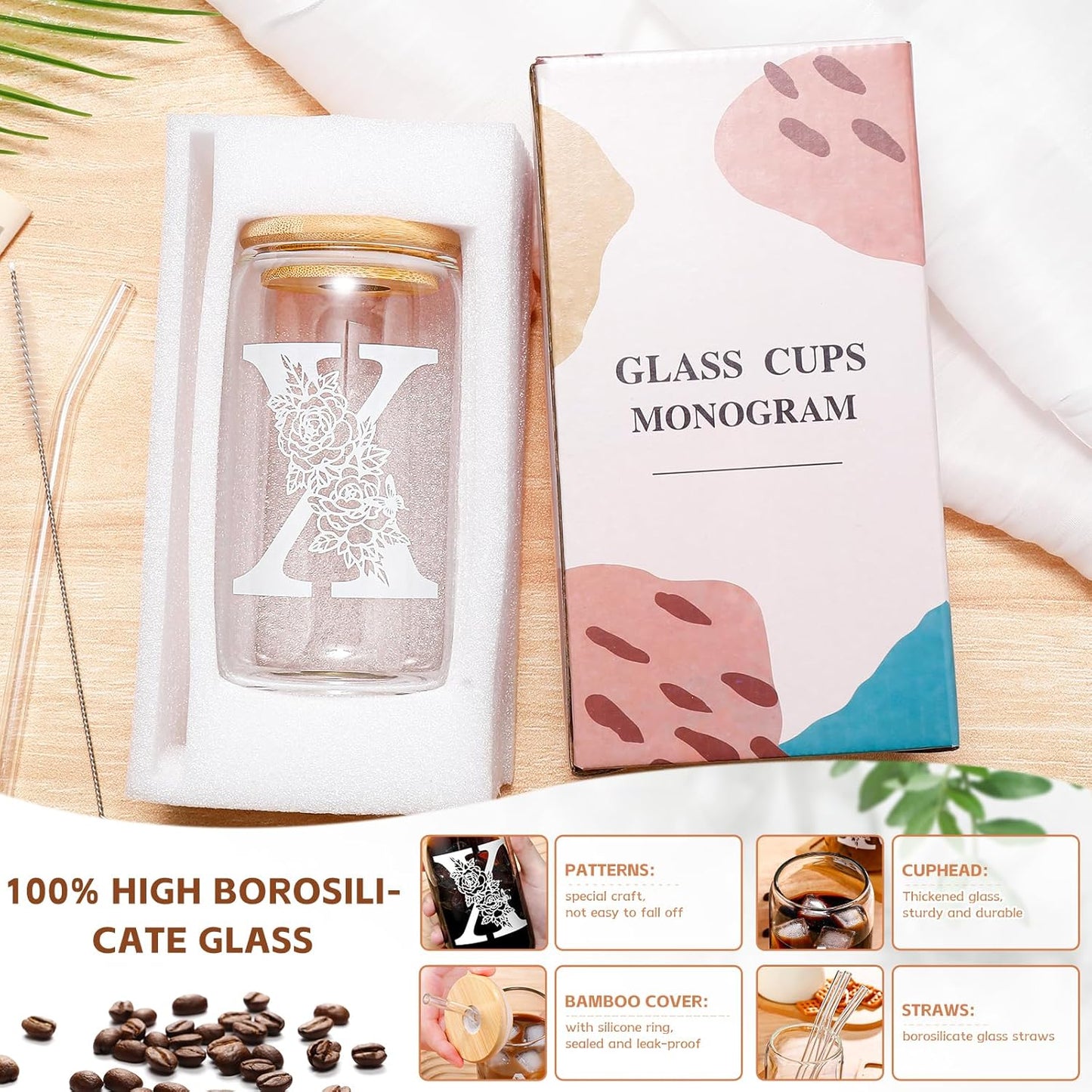 Glass Cups with Lids and Straws: Personalized Initial Glass Cup Be Used As Reusable Iced Coffee Cups with Lids,Cute Matcha Tumbler - The Christmas/Birthday Gifts for Women - M Smoothie Cup