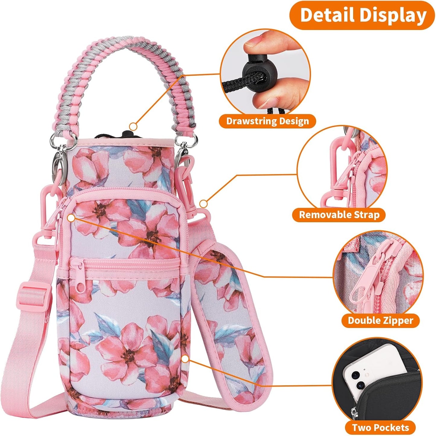 AceTreker 32/40/64/128 oz Neoprene Insulated Water Bottle Carrier Bag, Sling Bag Sleeve Pouch Holder with Strap & Paracord Handle and 2 Pocket for Travelling, Hiking, Camping