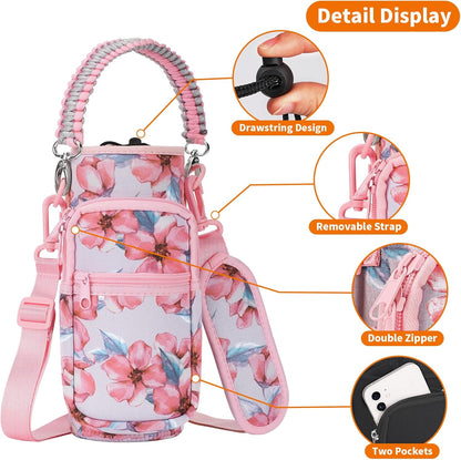 AceTreker 32/40/64/128 oz Neoprene Insulated Water Bottle Carrier Bag, Sling Bag Sleeve Pouch Holder with Strap & Paracord Handle and 2 Pocket for Travelling, Hiking, Camping