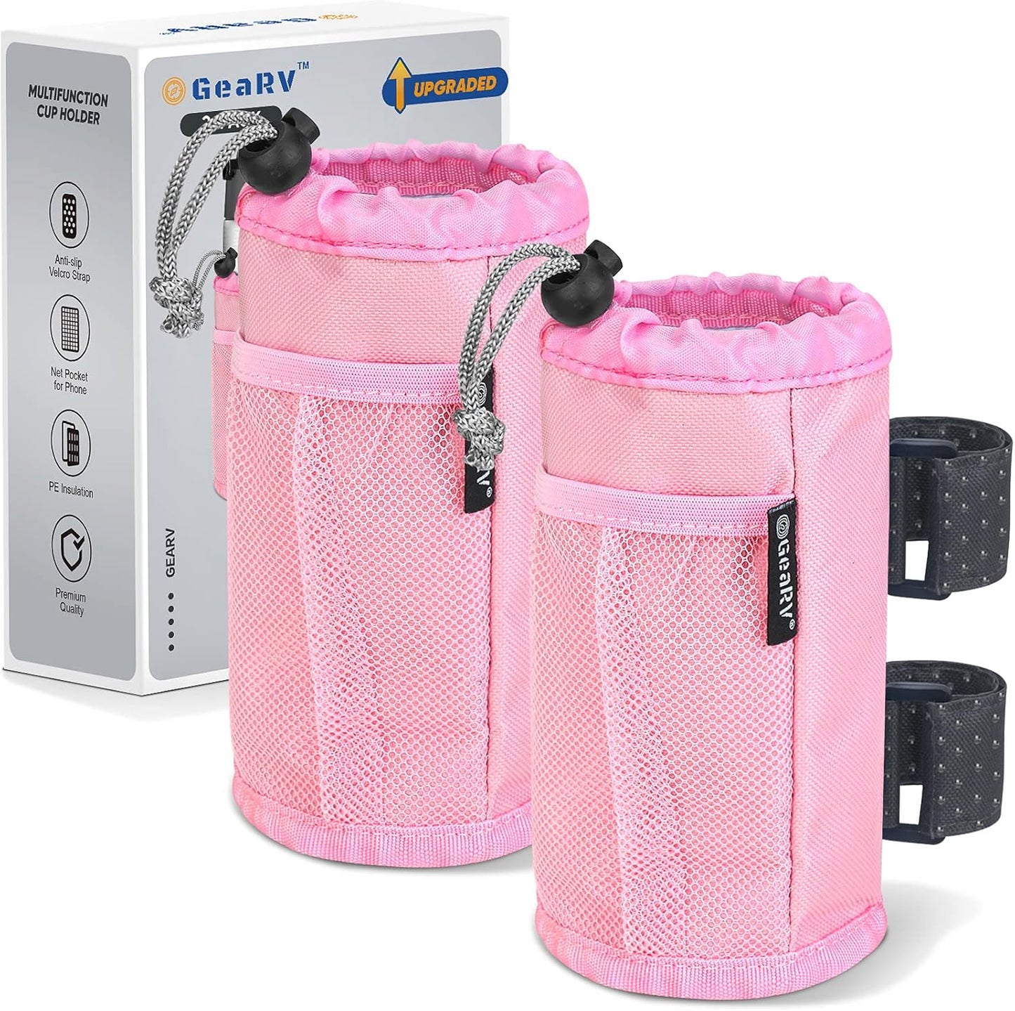 GEARV 2Pack Cup Holder for Bike, Scooter and Wheelchair, Water Bottle Holder for UTV/ATV, Walker, Golf Cart and Beach, Universal Drink Holder Accessories with Net Pocket and Cord Lock (Black)