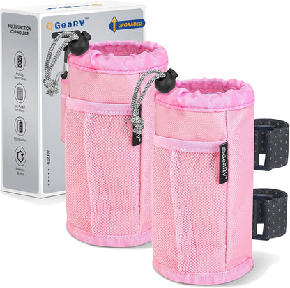 GEARV 2Pack Cup Holder for Bike, Scooter and Wheelchair, Water Bottle Holder for UTV/ATV, Walker, Golf Cart and Beach, Universal Drink Holder Accessories with Net Pocket and Cord Lock (Black)