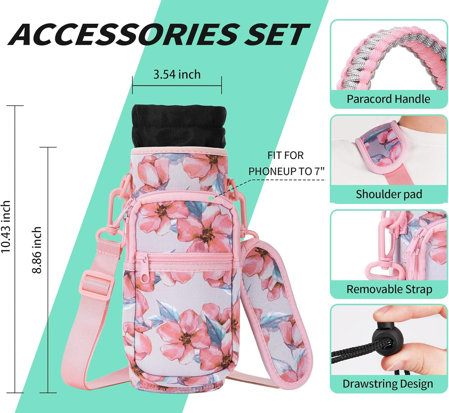 AceTreker 32/40/64/87/128 oz Water Bottle Carrier Bag, Neoprene Water Bottle Sleeve with 4 Pocket, Sport Water Holder with Paracord Handle and Shoulder Strap for Walking Hiking Camping Gym