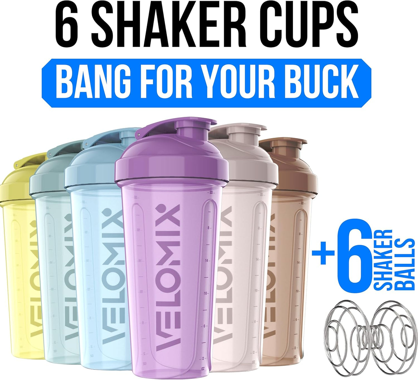 VELOMIX -6 PACK- 28 oz Protein Shaker Bottle for Protein Mixes - 6x Wire Whisk | Leak Proof Shaker Cups for Protein Shakes | Protein Shaker Bottle Pack | Protein Shake Cup (Earth Tones Collection)