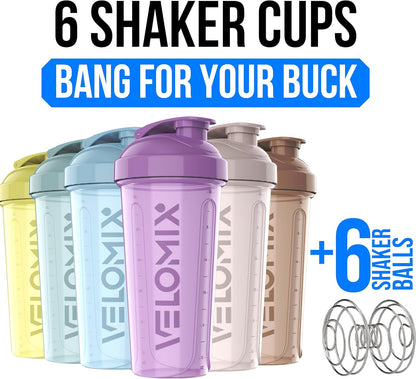 VELOMIX -6 PACK- 28 oz Protein Shaker Bottle for Protein Mixes - 6x Wire Whisk | Leak Proof Shaker Cups for Protein Shakes | Protein Shaker Bottle Pack | Protein Shake Cup (Earth Tones Collection)
