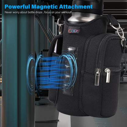 icolor Magnetic Gym Bag Water Bottle Carrier Holder with Phone Pockets & Shoulder Strap,Gym Magnetic Bag 5 Built-in Magnets Gym Accessories Organizer Sling Bottle Bag Pouch Sleeve