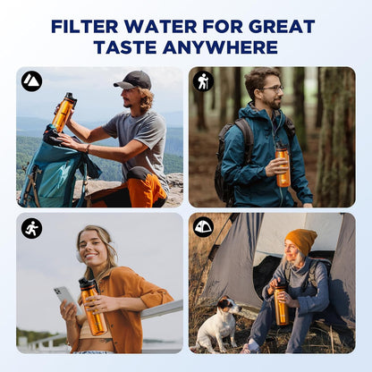 Filtered Water Bottle, Membrane Solutions C3 Water Bottle Filter with Replaceable ACFX2 Filter Cartridge, Portable Water Filter 36oz BPA-Free for Travel, Hiking & Camping Drinking use(Grey)