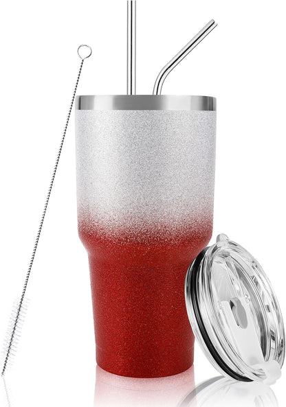 D·S 30oz Blue Tumbler Stainless Steel Double Wall Vacuum Insulated Mug with Straw and Lid, Cleaning Brush for Cold and Hot Beverages