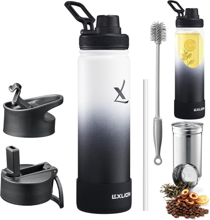 Lexlion Tea Infuser Water Bottle 32 Oz – Triple Wall Insulated Stainless Steel, Loose Leaf & Fruit Strainer, 3 Leakproof Lids, BPA-Free Silicone Sleeve, Reusable Thermal Mug