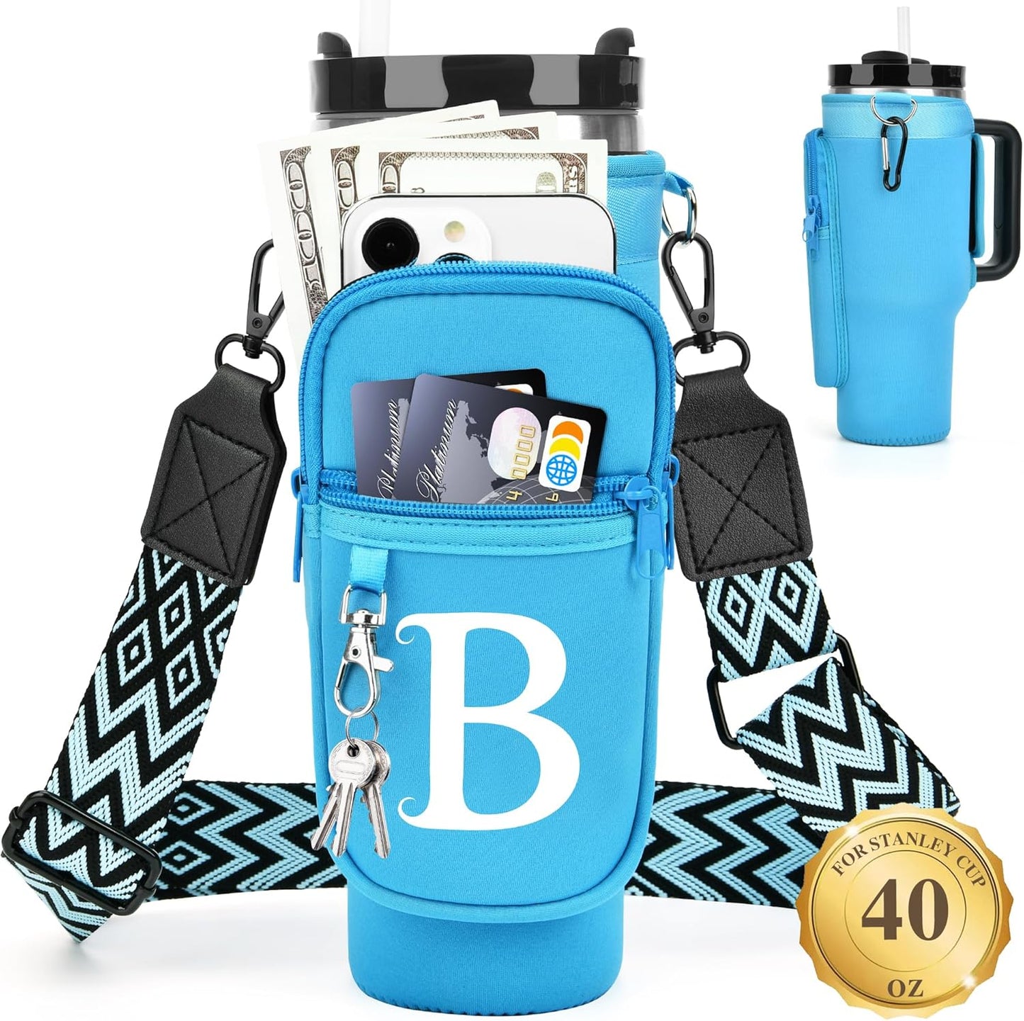LOKASS Personalized Water Bottle Holder with Strap for Stanley Cup Accessories 40 oz, Initial for Stanley Cup Holder Carrier Bag with Phone Pocket, Stylish Tumbler Accessories for Daily Use Hands-Free