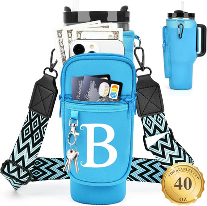 LOKASS Personalized Water Bottle Holder with Strap for Stanley Cup Accessories 40 oz, Initial for Stanley Cup Holder Carrier Bag with Phone Pocket, Stylish Tumbler Accessories for Daily Use Hands-Free