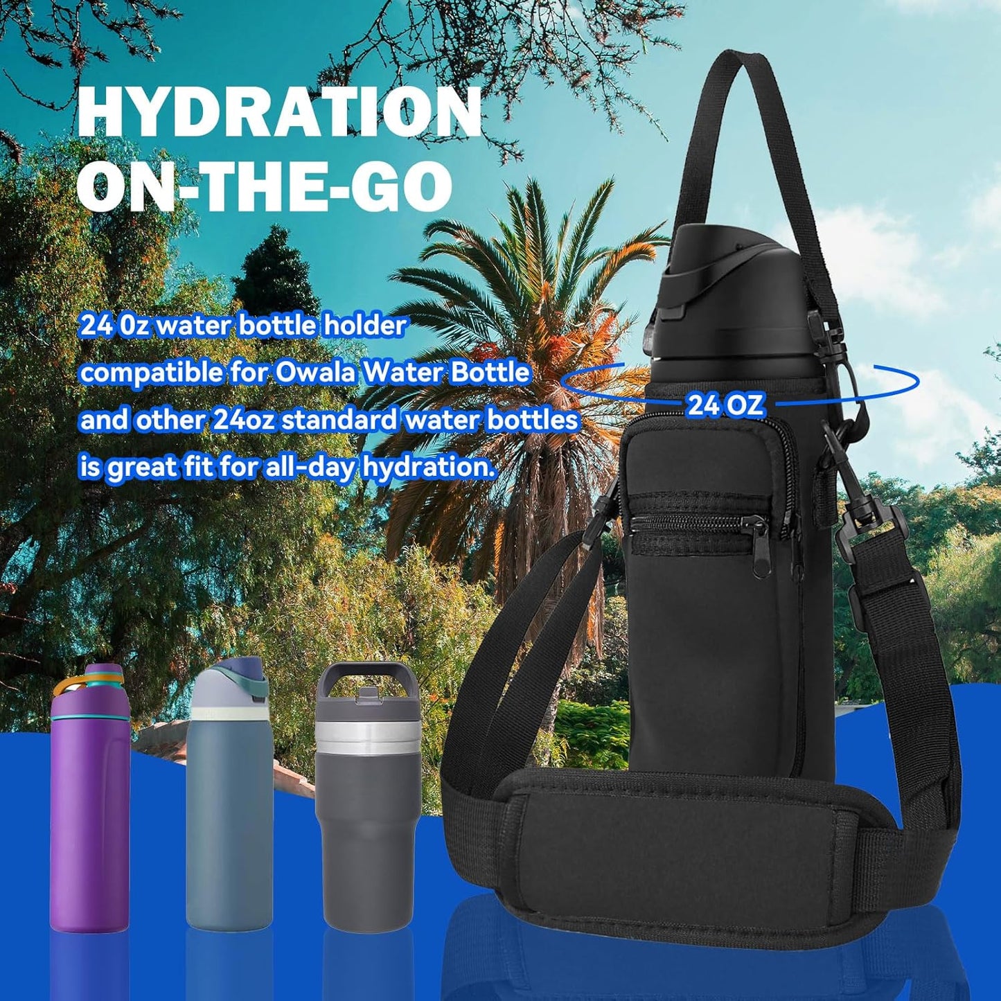 Neoprene Water Bottle Holder Bag with Cell Phone Pocket Compatible with Owala FreeSip 24 oz，Water Bottle Carrying Bag ，with Adjustable Shoulder Strap,for 24oz Stainless Steel Water Bottle